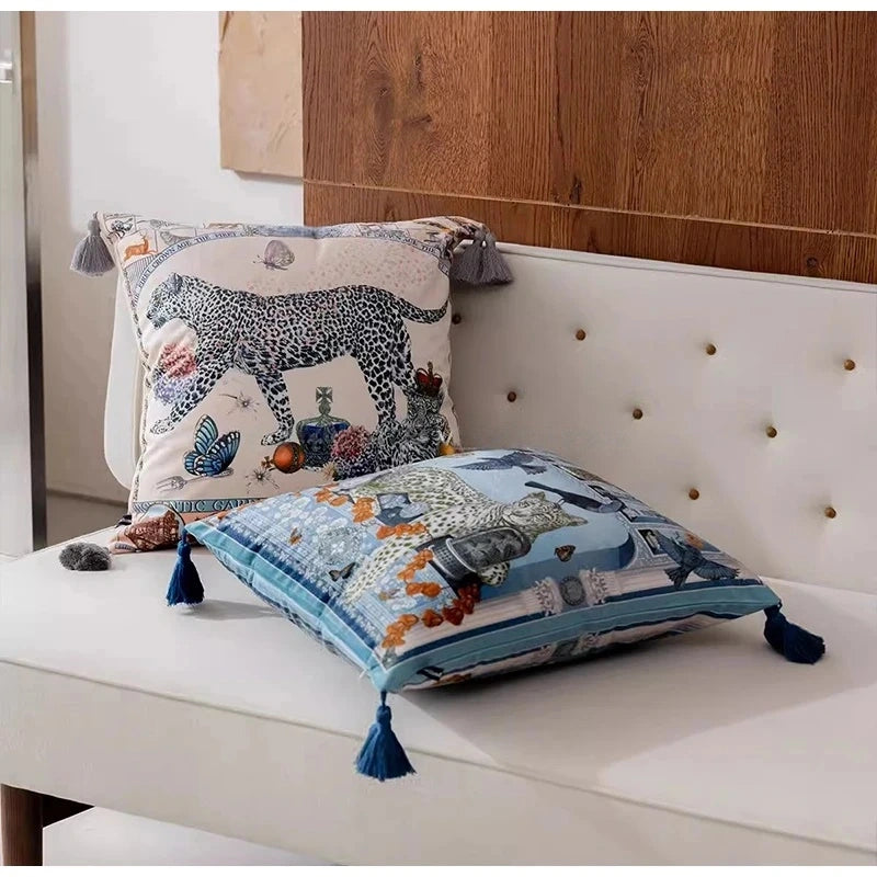 Majestic Leopard Decorative Cushion Cover Luxury Tassel Throw Pillow Case
