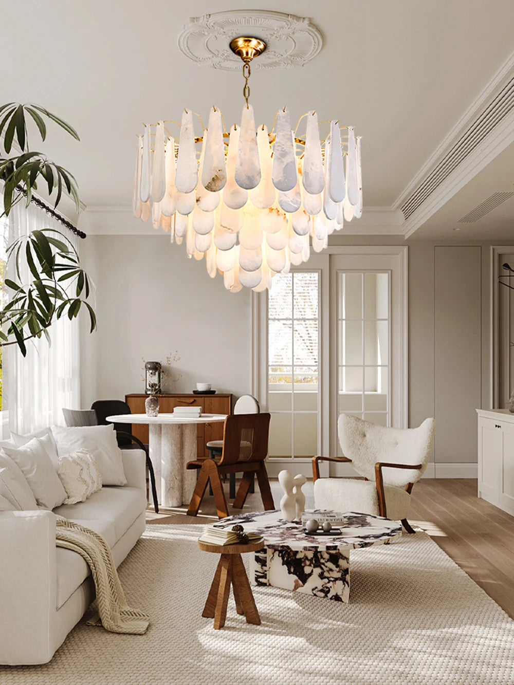 Grand Tiered Alabaster Feather Chandelier, Round