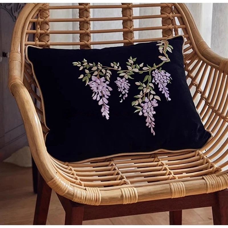 Botanical Vintage Wisteria Embroidery Pillow Case With Tassel