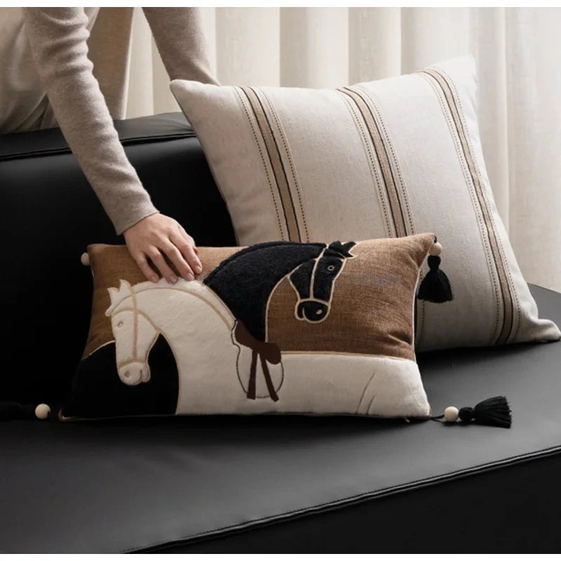Horse Silhouette Appliqued Embroidery Pillow Case