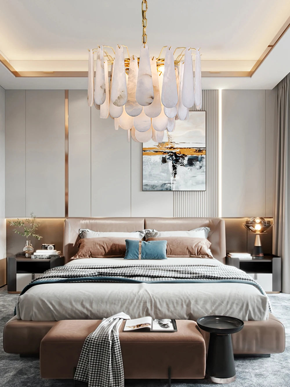 Grand Tiered Alabaster Feather Chandelier, Round