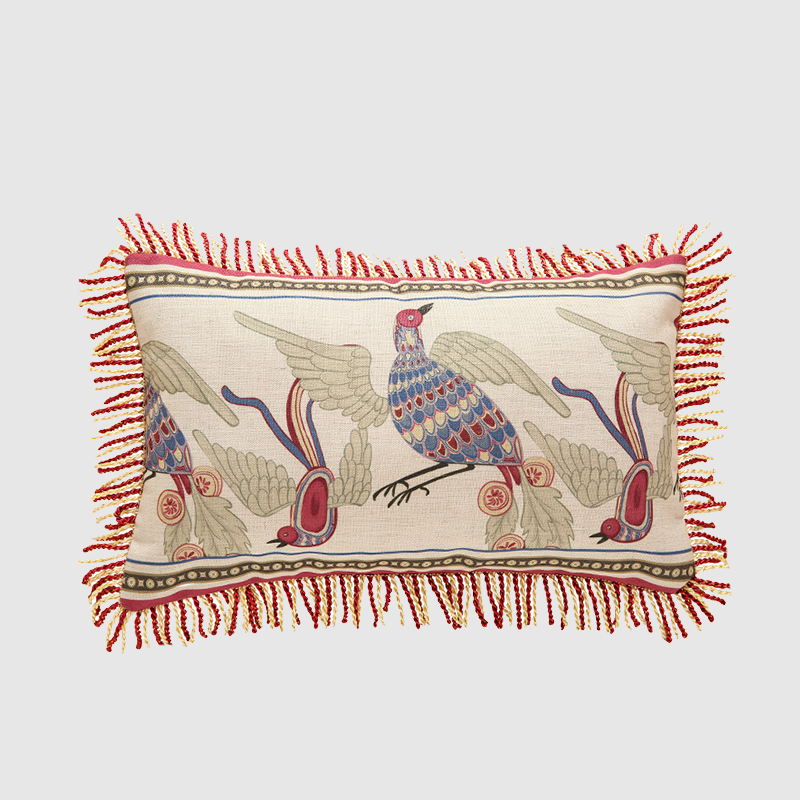 Indian Accient Mystical Birds Lumbar Pillow Case with Fringes