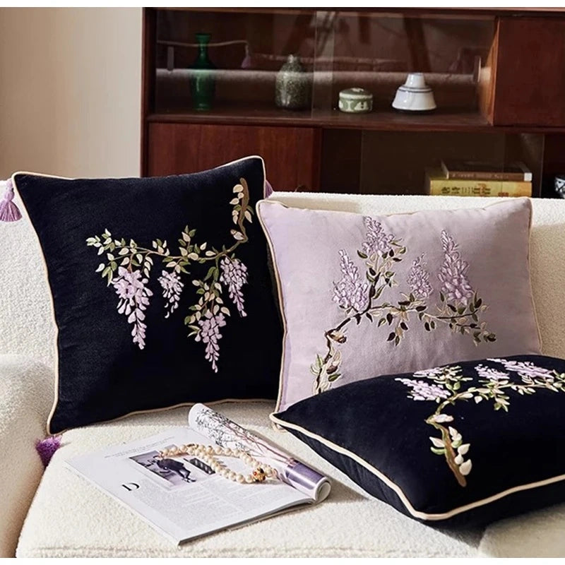 Botanical Vintage Wisteria Embroidery Pillow Case With Tassel