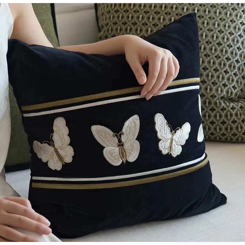Black Velvet Cushion Cover With Butterfly Embroidery