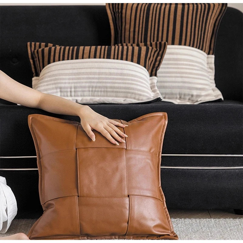 Modern Woven Faux Leather Cushion Cover