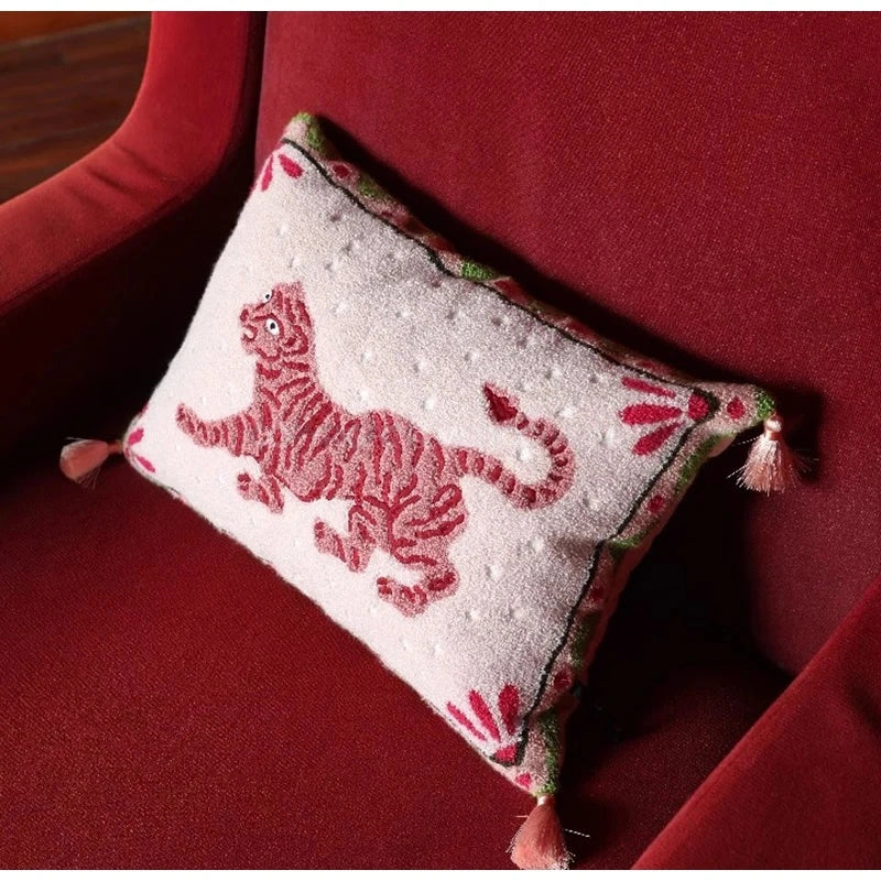 Pink Retro Black Cats Embroidered Throw Pillow Case With Tassels