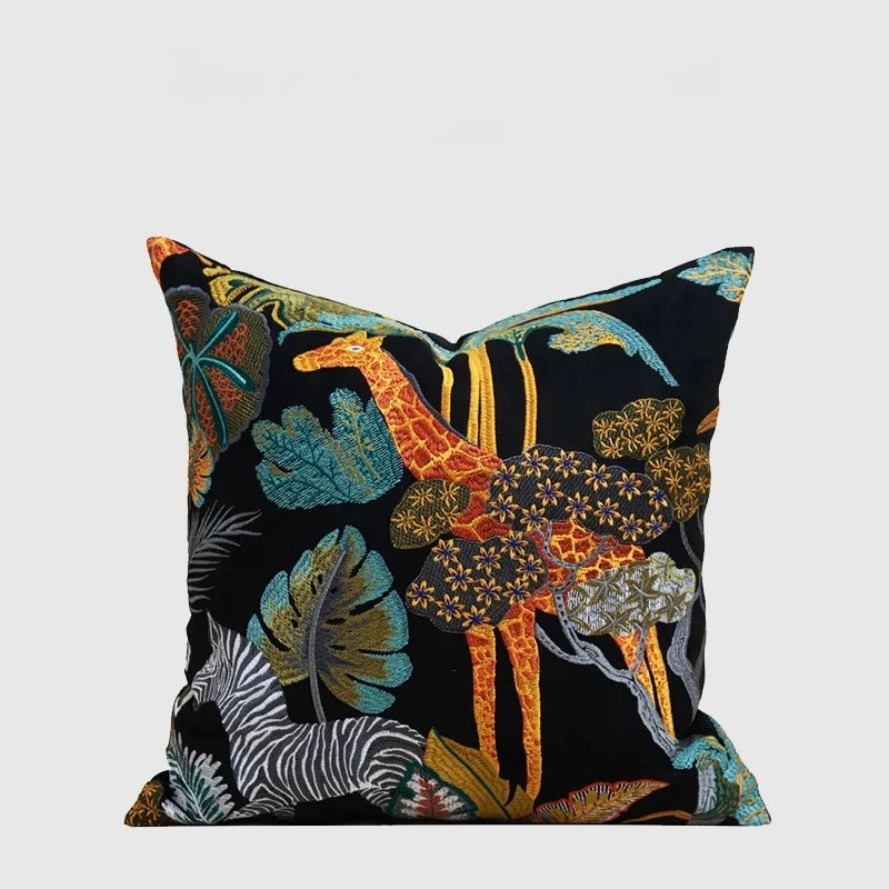Giraffe Zebra Black Tropical Animal Embroidery Pillow Case