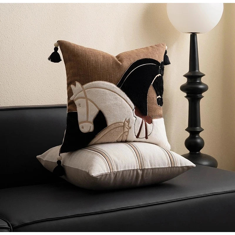 Horse Silhouette Appliqued Embroidery Pillow Case