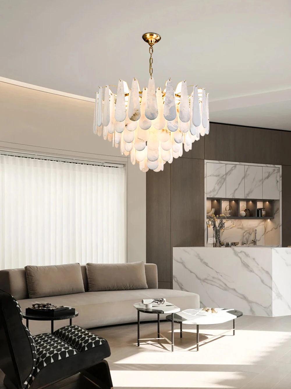 Grand Tiered Alabaster Feather Chandelier, Round