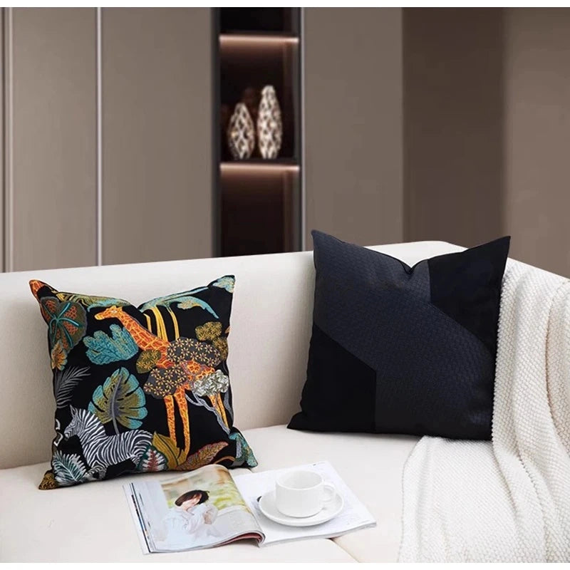 Giraffe Zebra Black Tropical Animal Embroidery Pillow Case