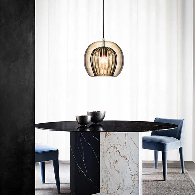 Double Glass Pendant Light Dome Amber Layered Glass Kitchen Island ...