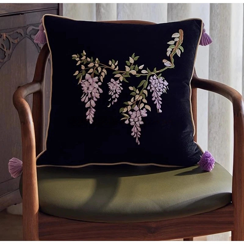 Botanical Vintage Wisteria Embroidery Pillow Case With Tassel