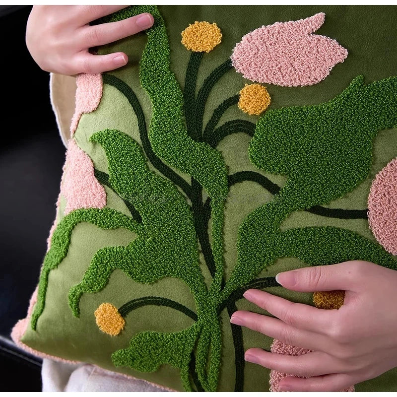 Spring Floral Tulip Tufted Throw Pillow Case