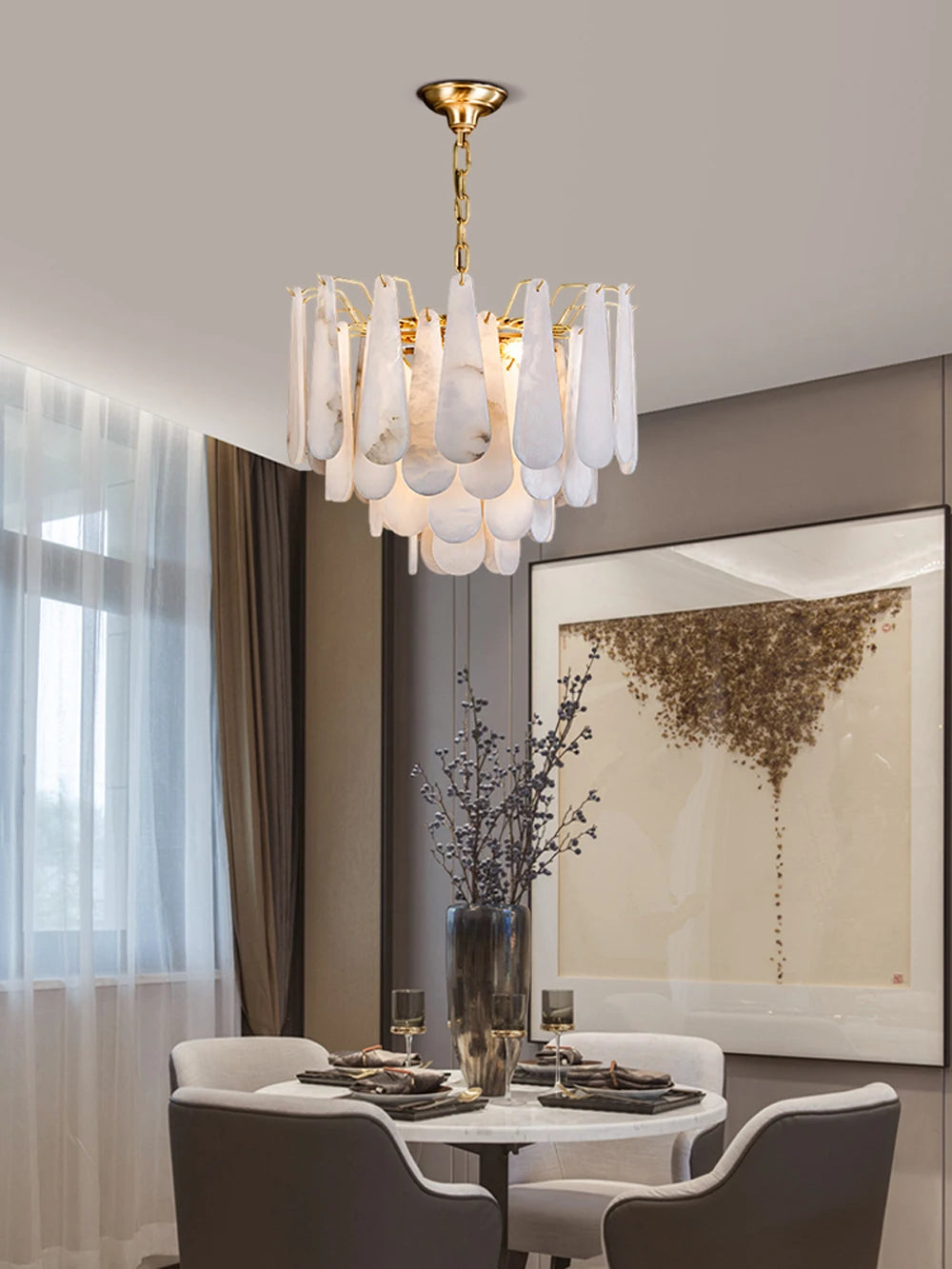 Grand Tiered Alabaster Feather Chandelier, Round