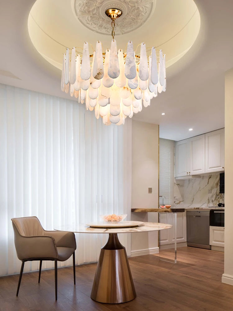 Grand Tiered Alabaster Feather Chandelier, Round
