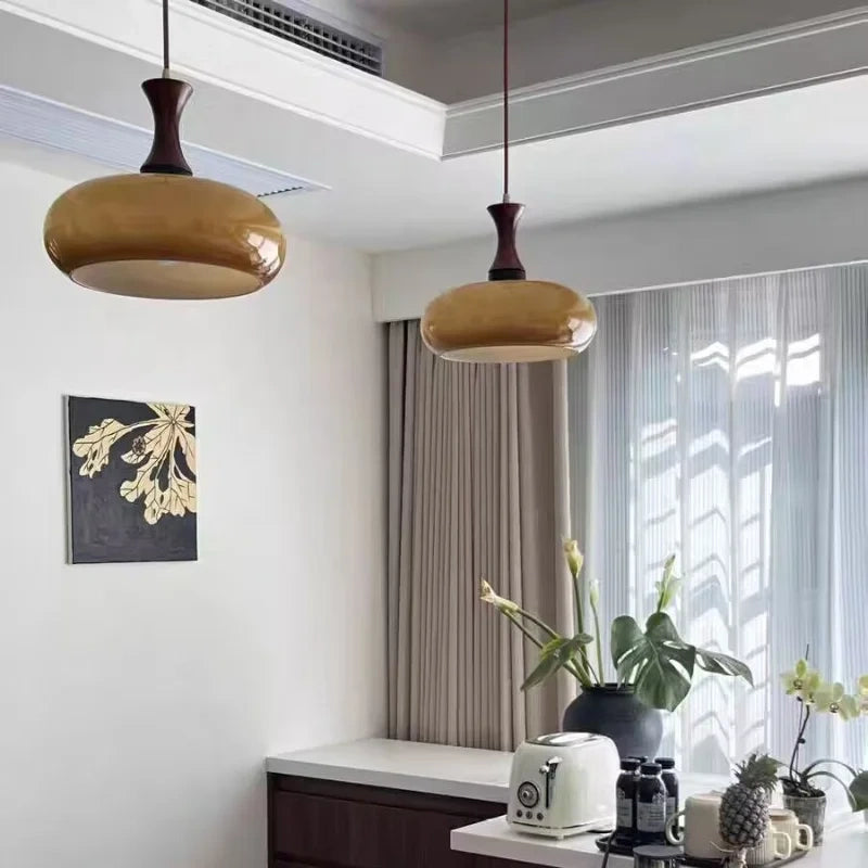 Sorrel Amber Glass & Wood Pendant Light