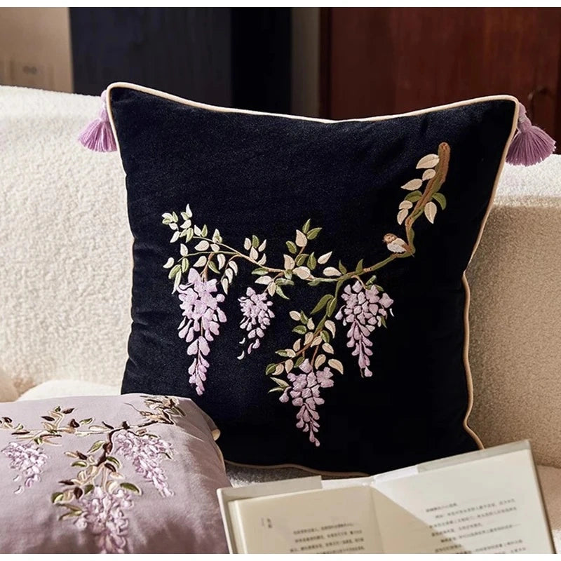 Botanical Vintage Wisteria Embroidery Pillow Case With Tassel