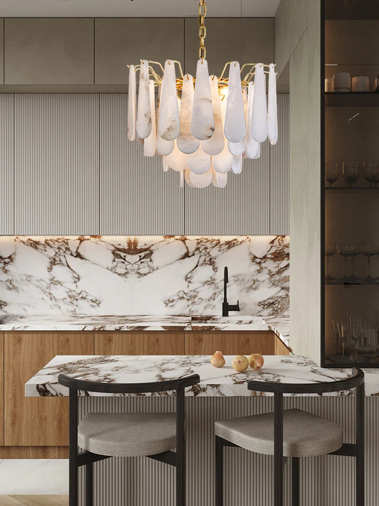 Grand Tiered Alabaster Feather Chandelier, Round