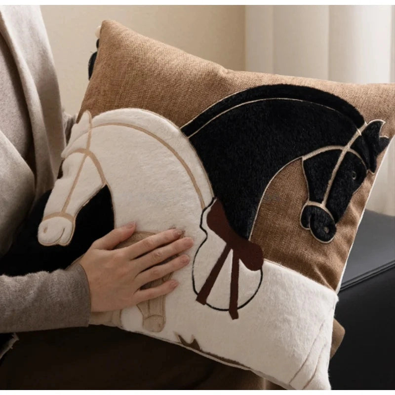 Horse Silhouette Appliqued Embroidery Pillow Case