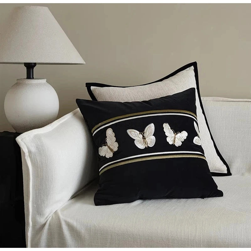 Black Velvet Cushion Cover With Butterfly Embroidery
