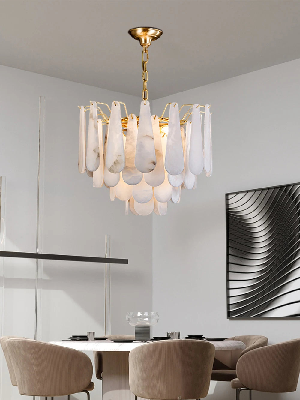 Grand Tiered Alabaster Feather Chandelier, Round