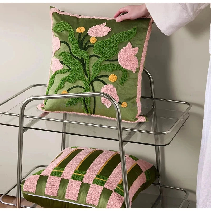 Spring Floral Tulip Tufted Throw Pillow Case