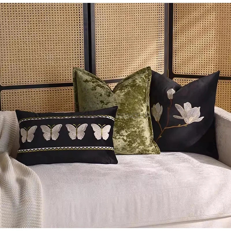 White Magnolia Floral Embroidery Throw Pillow Case