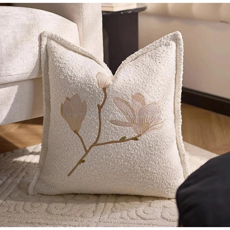 White Magnolia Floral Embroidery Throw Pillow Case