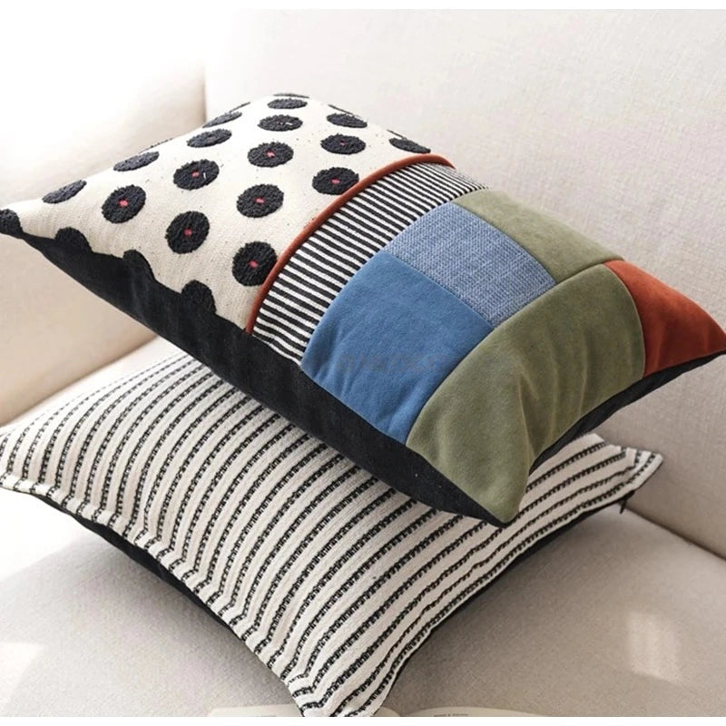Polka Dot Patchwork Lumbar Pillow Case