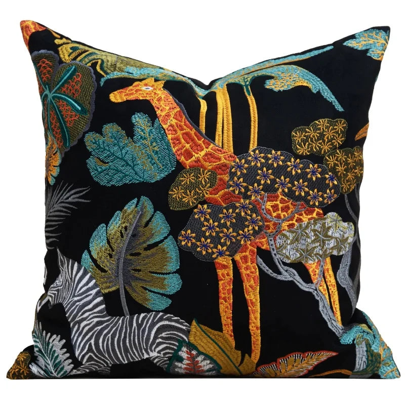 Giraffe Zebra Black Tropical Animal Embroidery Pillow Case