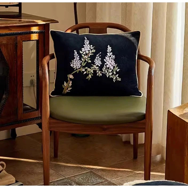 Botanical Vintage Wisteria Embroidery Pillow Case With Tassel