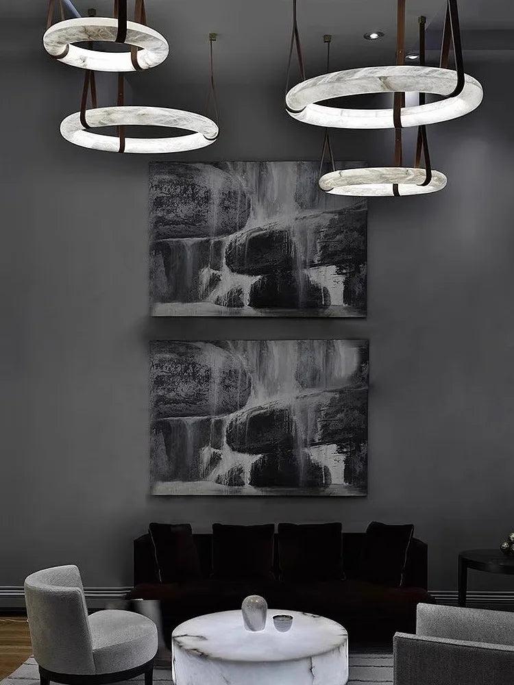 Minimalist Alabaster Ring Pendant Light with Leather Suspension