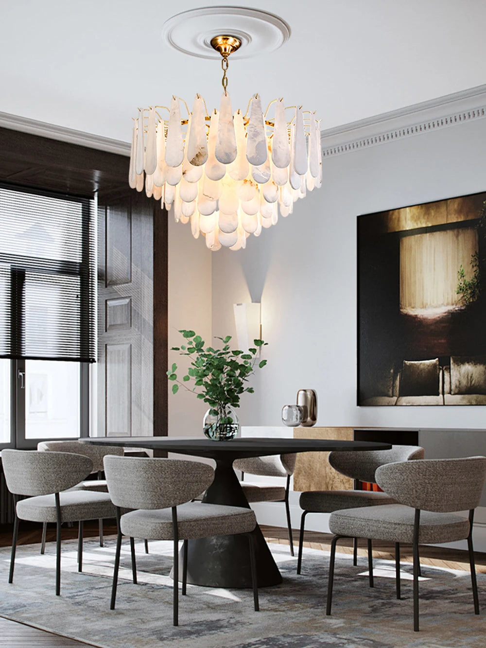 Grand Tiered Alabaster Feather Chandelier, Round
