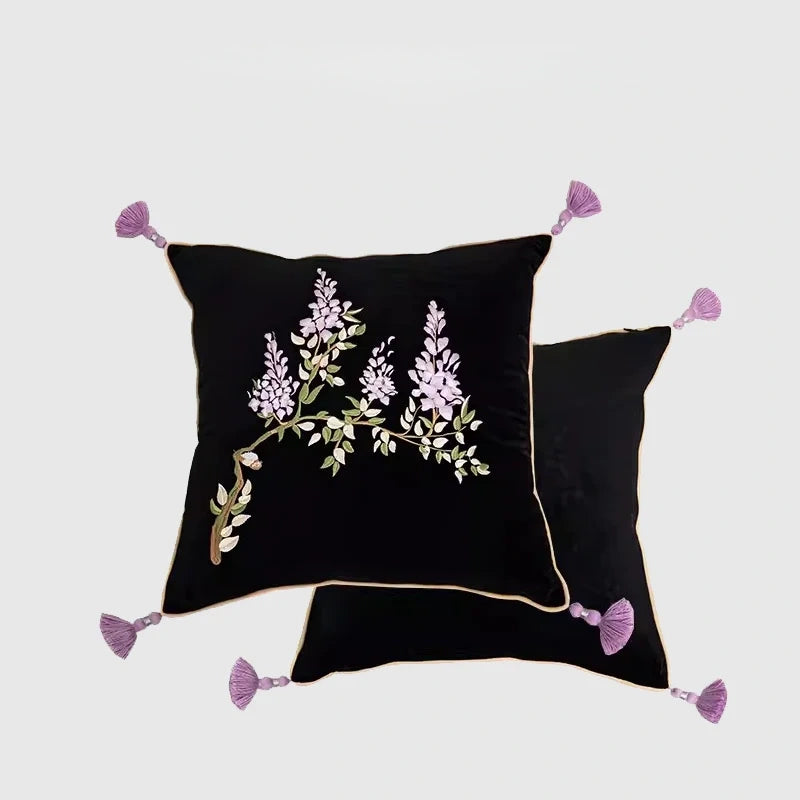 Botanical Vintage Wisteria Embroidery Pillow Case With Tassel