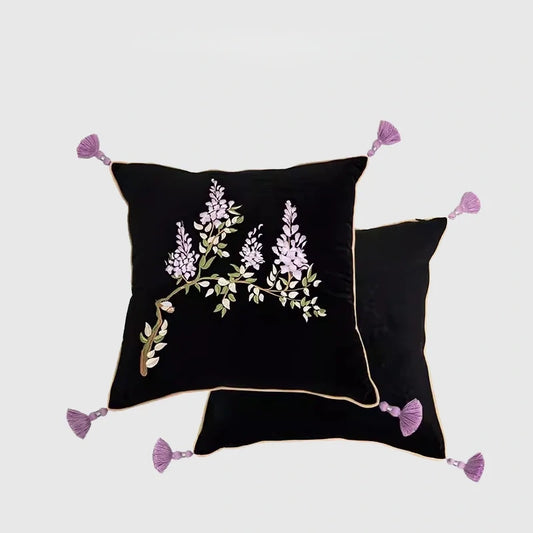 Botanical Vintage Wisteria Embroidery Pillow Case With Tassel