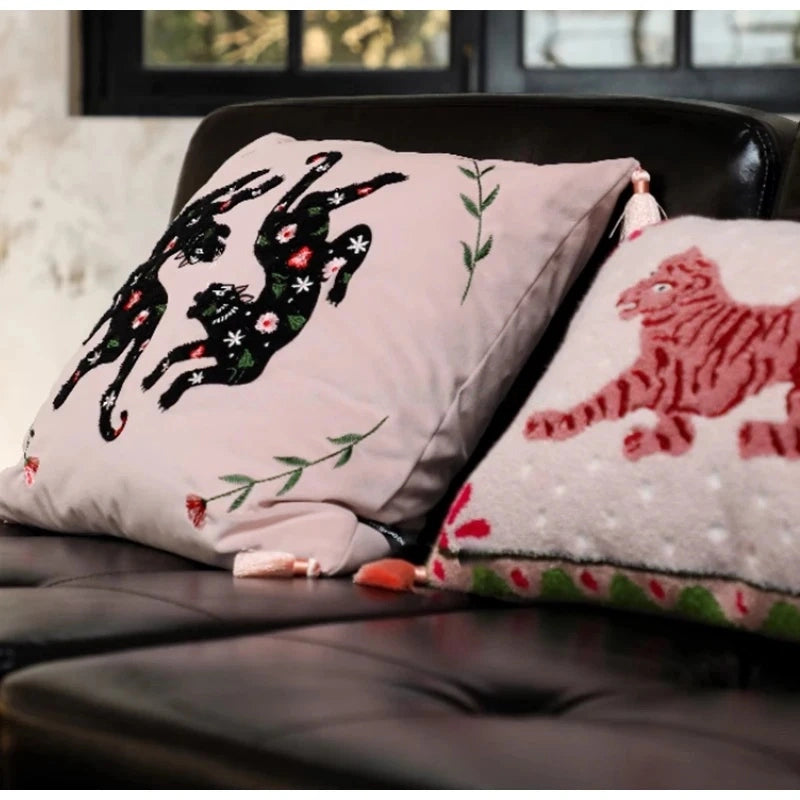 Pink Retro Black Cats Embroidered Throw Pillow Case With Tassels