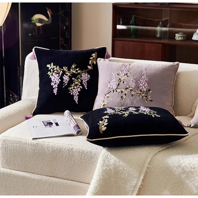 Botanical Vintage Wisteria Embroidery Pillow Case With Tassel