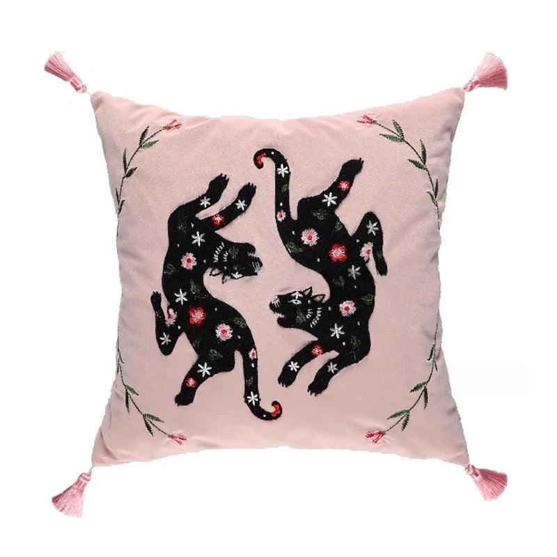 Pink Retro Black Cats Embroidered Throw Pillow Case With Tassels