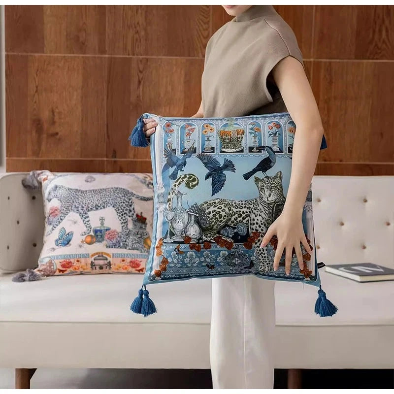 Majestic Leopard Decorative Cushion Cover Luxury Tassel Throw Pillow Case