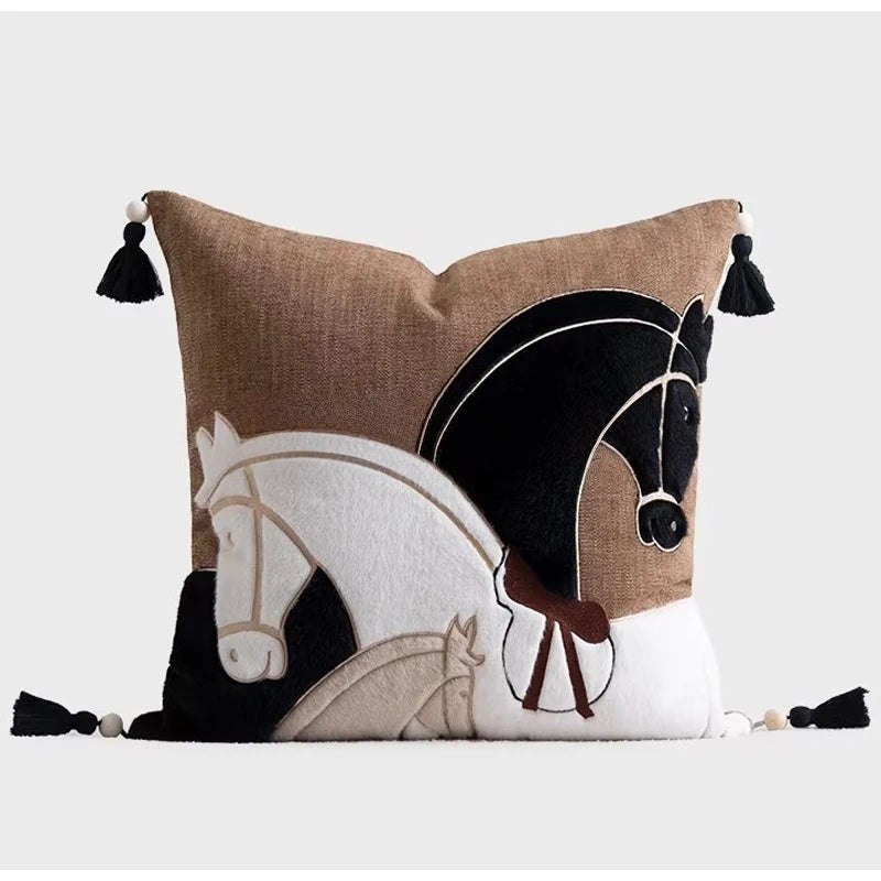 Horse Silhouette Appliqued Embroidery Pillow Case