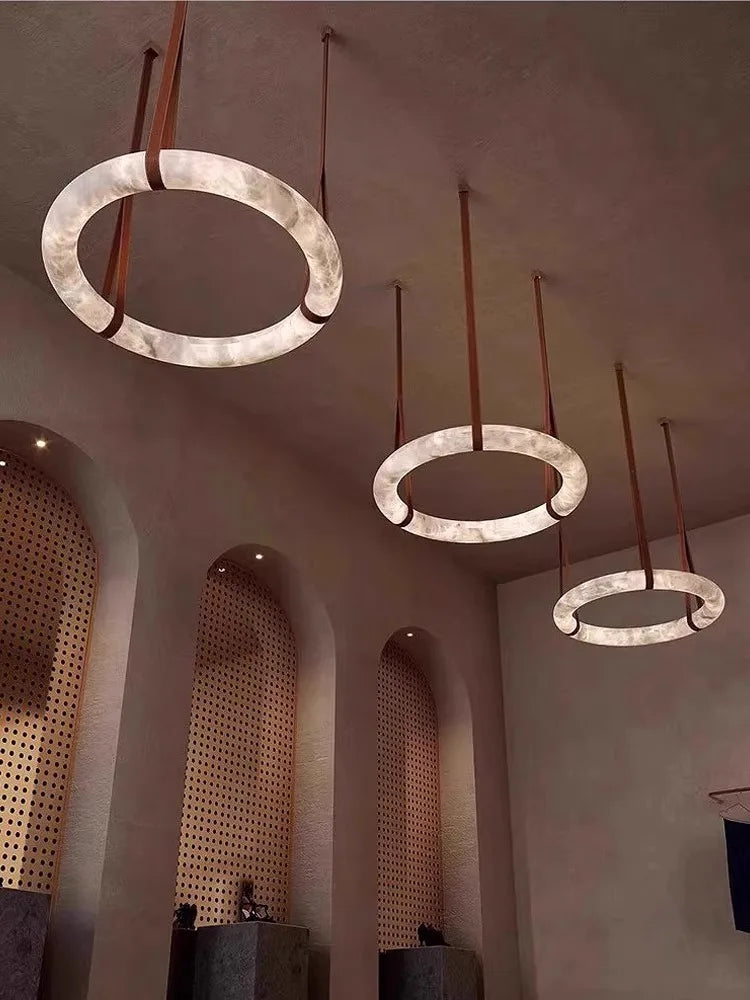 Minimalist Alabaster Ring Pendant Light with Leather Suspension