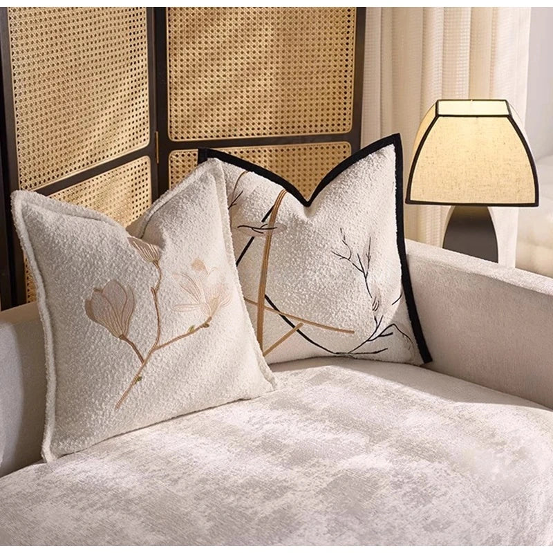 White Magnolia Floral Embroidery Throw Pillow Case