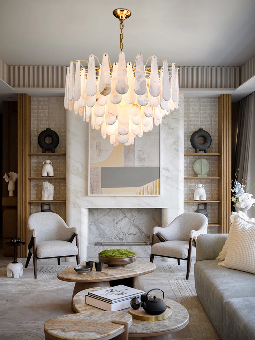 Grand Tiered Alabaster Feather Chandelier, Round
