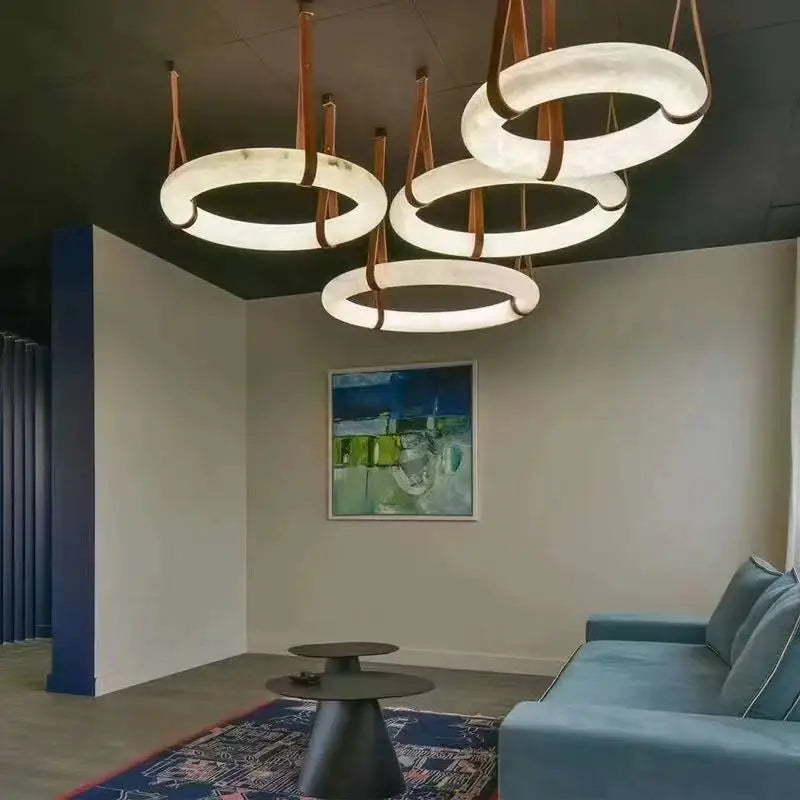 Minimalist Alabaster Ring Pendant Light with Leather Suspension