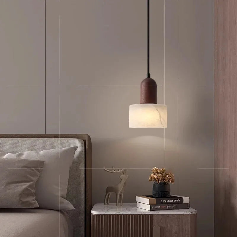 Wabi-Sabi Walnut Alabaster Pendant Light for Bedroom