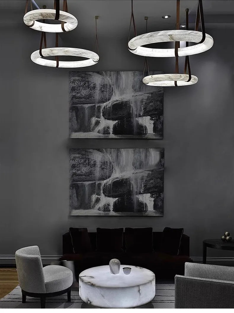 Minimalist Alabaster Ring Pendant Light with Leather Suspension