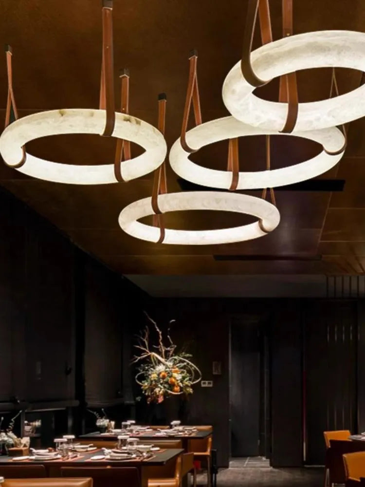 Minimalist Alabaster Ring Pendant Light with Leather Suspension