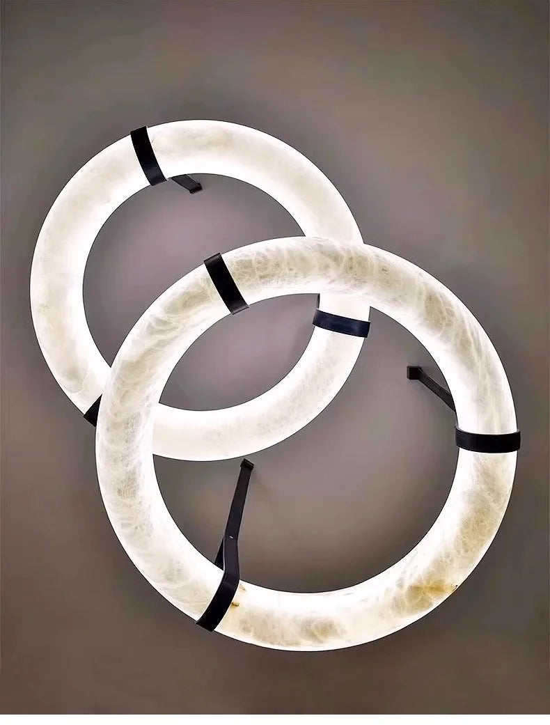 Minimalist Alabaster Ring Pendant Light with Leather Suspension