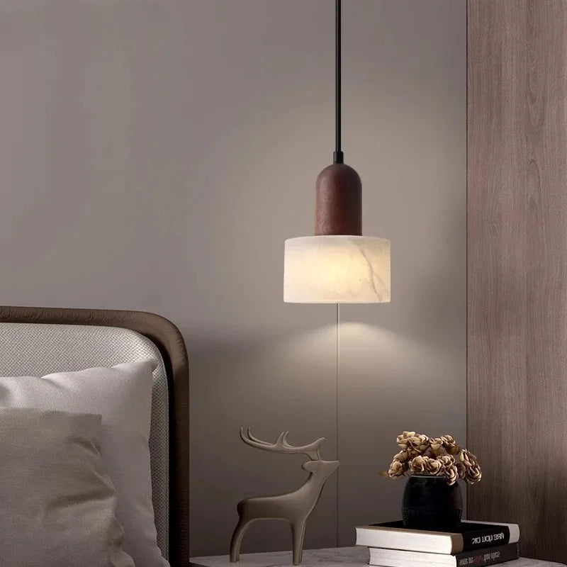Wabi-Sabi Walnut Alabaster Pendant Light for Bedroom