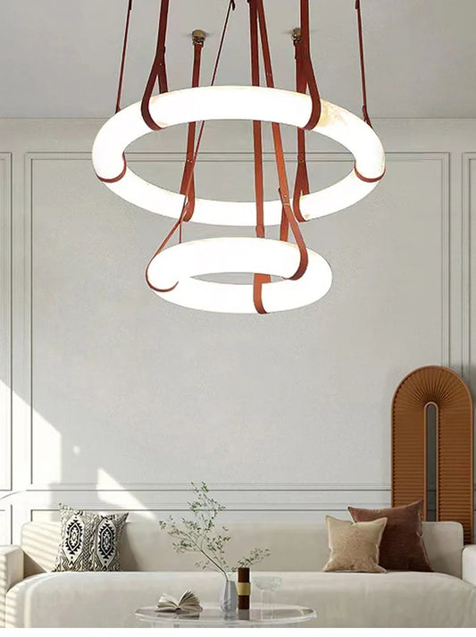 Minimalist Alabaster Ring Pendant Light with Leather Suspension